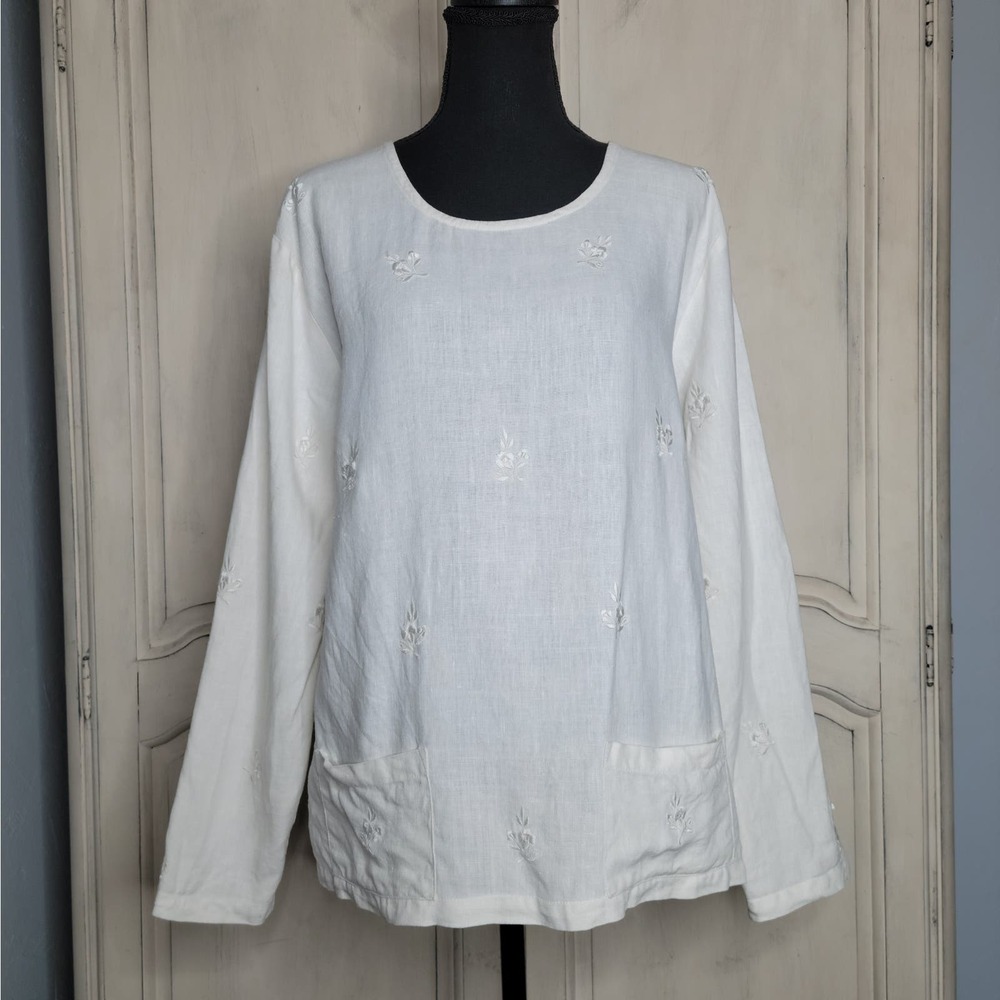 VTG SAGUARO 100% Linen Floral Embroidered Long Sleeve Tunic Blouse Pockets✨️XL*